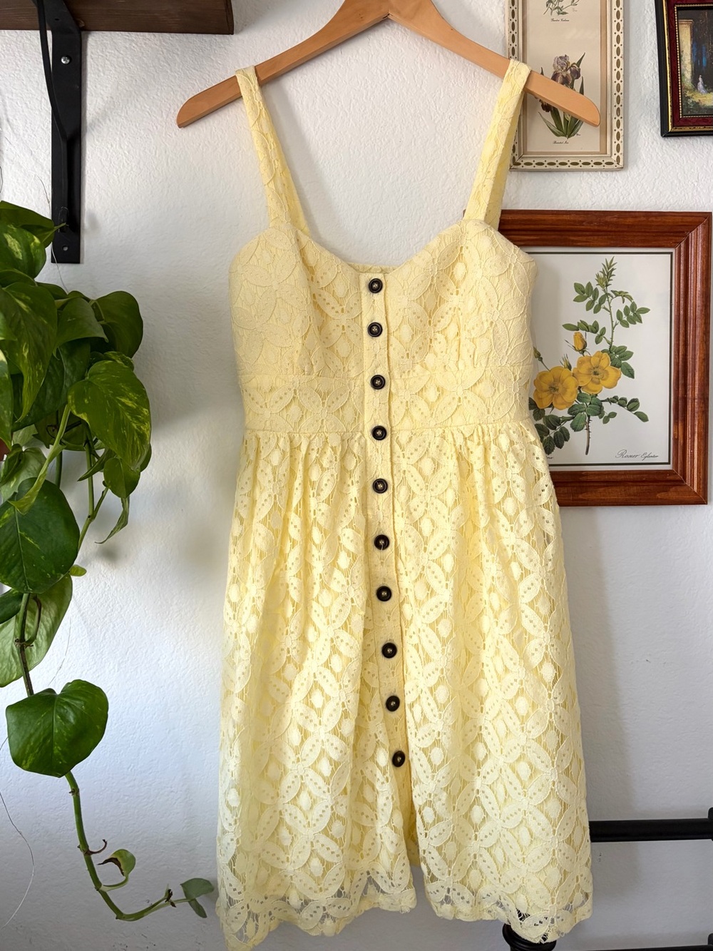 Butter Yellow Lace Button-Front Sundress - Fit and Flare Eyelet Dress - Medium